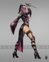 1girls black_hair black_outfit edenian face_mask fighting_stance high_heels john_dimayuga legs light-skinned_female light_skin mileena mortal_kombat mortal_kombat:_deception pink_outfit ponytail sais underboob