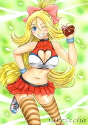 1girls blonde_hair blue_eyes blush breasts chocolate cleavage erect_nipples female_only heart_cutout human korrina_(pokemon) large_breasts long_hair looking_at_viewer nintendo pokemon pokemon_xy ponytail ribbon shirt sketch skirt smile takecha tank_top teeth text thighhighs very_long_hair watermark wink