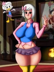 1girls big_boobs big_breasts big_thighs big_waist black_eyes caosenriqueart digital_art disney ducktales_(2017) fanart female miniskirt school_uniform short_hair solo webby_vanderquack white_hair