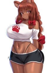 1girls anthro arms_behind_back bare_shoulders bear_ears bear_girl beau_(luxurias) big_breasts braid brown_body brown_hair female female_only g-string hair_ribbon kein_hasegawa long_hair looking_at_viewer shorts smiling smiling_at_viewer solo t-shirt thick_thighs twin_braids twintails ursid ursid_humanoid ursine very_high_resolution white_background