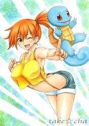 1girls ambiguous_gender ass bent_over breasts clothed denim eyelashes green_eyes human human_only kasumi_(pokemon) large_breasts midriff nintendo orange_hair pointing pokemon pokemon_bw2 pokemon_frlg pokemon_gsc pokemon_hgss pokemon_rgby shell shorts side_ponytail sketch squirtle standing suspenders takecha tank_top text turtle watermark wink