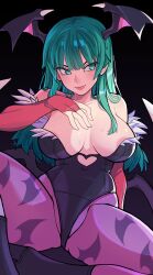 1girls areola_slip bangs bat_wings big_breasts big_breasts breasts breasts busty capcom darkstalkers exposed_breasts green_eyes green_hair huge_breasts legs_spread light-skinned_female light_skin mischievous_smile morrigan_aensland slammo smile succubus wings