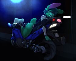 blue_eyes furry furry_tail inoby lagomorph looking_at_viewer lying male_only mammal motorcycle no_humans nude public rabbit seffy text vehicle