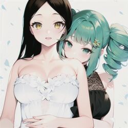 ai_generated big_breasts biting black_hair green_eyes green_hair long_hair open_mouth shuri yellow_eyes