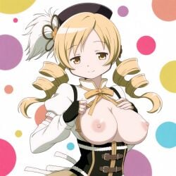 ai_generated beret blonde_hair breasts breasts_out brown_eyes drill_hair flower flower_in_hair human human_only looking_at_viewer magical_girl mahou_shoujo_madoka_magica medium_breasts nina_amaneko puella_magi_madoka_magica tomoe_mami twintails yellow_eyes