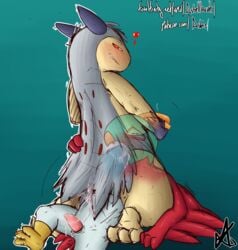 2boys 3_toes after_sex alternate_color anal animal_genitalia asbel_lhant_(artist) ass avian back beak blue_background blush closed_eyes cum cum_in_ass cum_in_mouth cum_inside cumshot ejaculation feathers feet fellatio froslass furry gay grey_fur grin half-closed_eyes hawlucha heart interspecies looking_back male male_only mouthful nintendo on_top oral orgasm original_character paws penis pokemon pokemon_(species) pokemon_gsc pokemon_xy power_bottom red_eyes sheath sitting size_difference sketch smile standing tapering_penis text typhlosion watermark yaoi