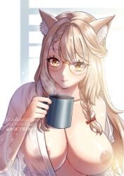 animal_ear_fluff animal_ears bangs blonde_hair braid breasts cat_ears coffee_mug collarbone cup ebiko_(vtuber) female glasses holding holding_cup large_breasts long_hair looking_at_viewer mug nipples one_breast_out open_clothes open_robe open_shirt roctis_tray round_eyewear see-through shirt smile solo steam upper_body virtual_youtuber window yellow-framed_eyewear yellow_eyes