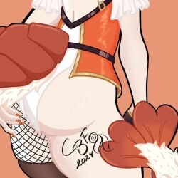 ass ass_focus cinnamonbunfox close-up ebiko_(vtuber) female fishnets leotard orange_background simple_background single_thighhigh solo tail thighhighs virtual_youtuber