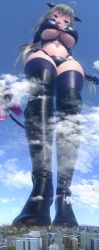 3d blonde_hair building city cloud destruction female from_below giantess large_breasts nandeyanengts original underboob