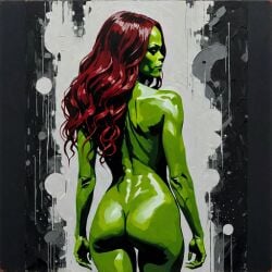 1girls ai_generated ass back back_view bare_back completely_naked completely_naked_female completely_nude completely_nude_female female female_focus female_only gamora green_skin green_skinned_female looking_back marvel marvel_cinematic_universe monochrome_background naked naked_female nude_female red_hair simple_background