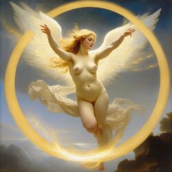 abstract ai_generated angel angel_wings belly blonde_hair blue_eyes breasts clouds curly_hair curvy female halo lips long_hair medium_breasts navel nipples nude presenting realistic sky smile solo william_bouguereau wings