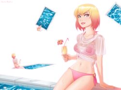 3girls big_breasts bikini blonde_hair blue_eyes drink flower gwen_poole gwenpool looking_at_viewer marikbentusi marvel pink_bikini pink_hair pool see-through shirt sitting two_tone_hair water wet_shirt