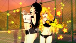 2girls black_hair black_hair_female blake_belladonna blonde_female blonde_hair canon_couple cat_ears clothed_female ember_celica female female_only gym_clothes gym_shorts gym_uniform logang45 robotic_arm rwby slapping_ass yang_xiao_long yellow_eyes
