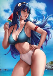 1girls alternate_breast_size armband beach big_breasts bikini blue_eyes blue_hair breasts cleavage collarbone cowboy_shot dandon_fuga day female female_only fire_emblem fire_emblem_awakening flower food hair_flower hair_ornament hand_on_hip highres large_breasts long_hair lucina_(fire_emblem) navel one-piece_swimsuit popsicle solo swimsuit tiara watermelon_bar