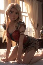 1girls ai_generated all_fours astrid_hofferson bed bed_sheet bedding bedroom bedroom_setting bedsheets bending bending_down bending_forward bending_over bent_forward bent_over blonde_female blonde_hair blonde_hair blonde_hair_female blue_eyes breast breasts breasts cleavage curvaceous curvaceous_body curves curvy curvy_body curvy_female curvy_figure dreamworks exposed_breast exposed_breasts female female female_only hourglass_figure how_to_train_your_dragon inner_sideboob light-skinned_female light_skin on_all_fours on_hands_and_knees pillow pillows seductive seductive_pose sideboob solo solo_female voluptuous voluptuous_female