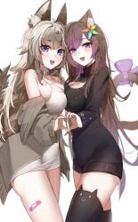 2girls :d animal_ear_fluff animal_ear_legwear animal_ears asymmetrical_docking bandaid bandaid_on_leg bangs bare_shoulders black_dress black_sweater black_thighhighs blue_eyes bow breast_press breasts brown_hair cat_ear_legwear cat_ears cat_girl cat_tail choker cleavage cleavage_cutout clothing_cutout cowboy_shot dress flower foxplushy grey_hair hair_flower hair_ornament heart heart_hands heart_hands_duo jacket large_breasts long_hair long_sleeves looking_at_viewer multiple_girls nekoella off_shoulder open_clothes open_mouth purple_bow purple_eyes purple_hair simple_background smile sstthei sweater symmetrical_docking tail tail_bow tail_ornament thighhighs thighs very_long_hair virtual_youtuber white_background white_choker white_dress