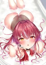 1girls :o bath bathing bathroom big_ass female female_only heart-shaped_pupils heterochromia hololive hololive_fantasy hololive_japan houshou_marine long_hair mary_is_mine red_eye red_hair ribbon solo taking_a_bath virtual_youtuber yellow_eye