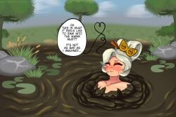 1girls blush closed_eyes dialogue hair kitsunenokiubbi lily_pad mud mud_pit muddy nintendo nude outdoors partially_submerged plant purah quicksand sinking tears_of_the_kingdom the_legend_of_zelda wam white_hair