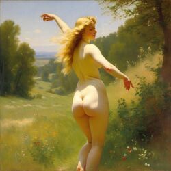 ai_generated ass back back_view big_ass blonde_hair curly_hair curvy field lips long_hair meadow nude presenting realistic small_breasts smile solo sun william_bouguereau