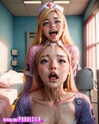 ai_generated blonde_hair blue_eyes cum cum_on_breasts cum_on_face cum_on_hair cum_on_upper_body cumshot ejaculate facial fetish funny funny_face hospital hospital_bed laugh nurse nurse_uniform prudesilk sperm