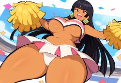 1girl 1girls 2d 2d_(artwork) ai_generated big_breasts black_hair brown_skin cameltoe cheerleader cheerleader_uniform chel curvaceous dreamworks female large_breasts long_black_hair looking_at_viewer mullon novelai panties pom_poms public stadium stadium_background the_road_to_el_dorado thick_thighs