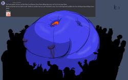 baka_ka big_areola big_breasts big_nipples blue_clothing blue_skin blueberry_inflation crowd crowd_watching groping_belly hand_on_belly immobile inflation lactating lactating_juice lactating_through_clothing lactation lactation_through_clothes orange_hair poking_belly spherical_inflation sunken_head sunken_limbs