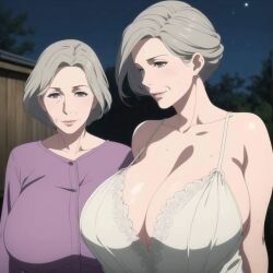 2girls ai_generated big_breasts bra breasts cleavage female_only gilf grandmother grey_hair huge_breasts large_breasts lingerie looking_at_viewer mature_female nightie old older_female sweat sweatdrop sweating ultrahentaisai