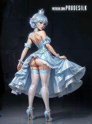 ai_generated ass ass_focus blue_eyes blue_hair cartoony crown dark_background drawing dress dress_lift heels high_heels legwear looking_at_viewer looking_back nylons panties pantyshot princess prudesilk queen short_hair stockings white_hair