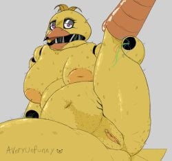 animatronic anthro areolae averyunfunny beak big_breasts cellulite chica_(fnaf) chicken chubby five_nights_at_freddy's five_nights_at_freddy's_2 fnaf hairy hairy_pussy happy_trail inverted_nipples laying_down lipstick open_mouth purple_eyes pussy solo spread_legs stretch_marks tail withered_chica yellow_body