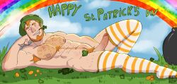 armpit_hair balls beard boner chest_hair closed_eyes erection facial_hair four_leaf_clover ginger_hair leprechaun lying_on_back male male_only male_pubic_hair masculine orange_hair penis red_robot solo solo_male st._patrick's_day stockings