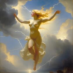 abstract ai_generated belly blonde_hair blue_eyes breasts cloud convenient_censoring curly_hair curvy female flying goddess halo lightning lips long_hair navel nipples nude presenting realistic sky small_breasts smile solo william_bouguereau