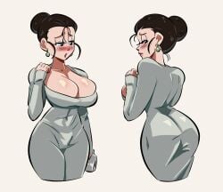 ass back_view big_breasts blush chichi cleavage dragon_ball dragon_ball_super dragon_ball_z dress earrings embarrassed funsexydragonball grey_dress hair_bun