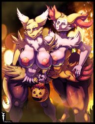 anthro bandai_namco braixen breasts clothing costume crossover digimon digimon_(species) dnp101 female furry generation_6_pokemon genitals halloween hi_res holidays horn nintendo nipple_slip nipples nude pokemon pokemon_(species) pussy renamon thick thick_thighs