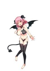 :d absurdres bare_arms bare_shoulders barefoot bikini black_bikini black_thighhighs blush bracelet breasts cleavage demon demon_girl demon_horns demon_tail demon_wings demoness female full_body hair_between_eyes halterneck highres horns jewelry large_breasts looking_at_viewer maoujou_no_chef navel oerba_yun_fang official_art open_mouth oppai pink_eyes pink_hair pointy_ears short_hair simple_background smile solo stomach succubus succubus_horns succubus_tail succubus_wings swimsuit tail thighhighs toeless_legwear toes white_background wings yamacchi