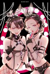 2boys black_hair bunny_ears candy earrings fake_animal_ears femboy fetish_wear fishnets girly gloves jewelry leather lollipop looking_at_viewer morino_bambi navel navel_piercing purple_eyes rock_candy tongue trap