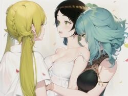 3girls ai_generated big_breasts black_hair clothed dominant_female domination green_eyes green_hair hugging_from_behind long_hair looking_at_partner open_mouth ponytails shuri small_breasts yellow_eyes yellow_hair yuri