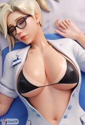 ai_generated angela_ziegler blonde_hair closed_eyes dr._ziegler galszip glasses lab_coat lying mercy overwatch overwatch_2 red_lipstick sleep_molestation sleeping tanline