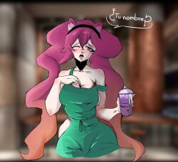 apron apron_only coffee coffee_cup curvaceous curvy curvy_female dialogue embarrassed gradient_hair indie_virtual_youtuber lunaria_ayaren one_eye_closed spanish_text spilled_drink spilled_milk twintails virtual_youtuber vtuber youtube_hispanic