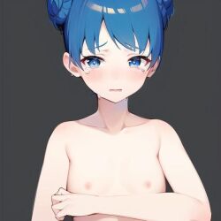 ai_generated arm_under_breasts blue_eyes blue_hair crying crying_with_eyes_open day_when_world_become_free hami looking_at_viewer nipples nude nude_female short_hair small_breasts