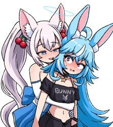 2girls animal_ears arm_around_another arm_around_another's_waist arm_around_waist armwear black_bottomwear black_clothing black_topwear blue_clothing blue_dress blue_ears blue_eyes blue_hair blush blush_lines bunny bunny_ears bunny_girl cherry cherry_hair_ornament clothed clothing crossover female female/female female_only flat_chest flat_chested fox fox_ears fox_girl hair_ornament homosexual homosexual_female indie_virtual_youtuber inksgirls kirsche_verstahl long_hair looking_at_each_other looking_back multicolored_hair multiple_girls neckwear nervous nervous_smile nervous_sweat open_mouth pink_eyes rabbit rabbit_ears rabbit_girl sexual_assault shiny shiny_hair shiny_skin simple_background smile smiling stomach tongue tummy usako_nano_(nanobites) usako_nano_(nanobites)_(2nd_2d_costume) virtual_youtuber vtuber white_armwear white_background white_clothing white_ears white_hair yuri