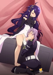 1boy 1girls asuramaru cum cum_in_mouth dress fellatio female femboy femboy_on_female girly hetero hiiragi_shinoa kometoze male male/female oral owari_no_seraph pointy_ears straight trap uniform