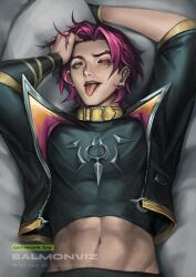 1boy abs arms_behind_back arms_up belly heartsteel_kayn heartsteel_series kayn league_of_legends purple_hair red_eyes salmonviz six_pack tongue tongue_out