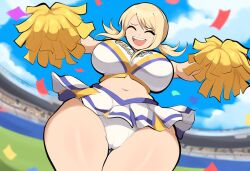 ai_generated blonde_hair cameltoe cheerleader cheerleader_uniform curvaceous fairy_tail female large_breasts lucy_heartfilia mullon novelai panties pom_poms public stadium stadium_background thick_thighs