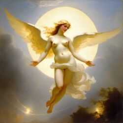 abstract ai_generated angel angel_wings belly blonde_hair blue_eyes breasts clouds curly_hair curvy female halo lips long_hair medium_breasts navel nipples nude presenting realistic sky smile solo william_bouguereau wings