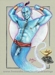 1boy aladdin armpit_hair arms_above_head blue_skin disney djinn earring earrings erect_nipples flaccid genie genie_(aladdin) happy_trail lamp looking_at_viewer male male_only nipple_piercing nipple_rings penis pierced_ears pubes scottysdrawings solo topknot