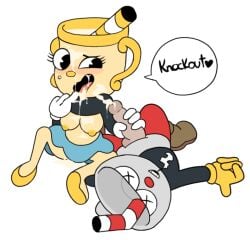 anthro breasts breasts_out cum cum_drip cum_in_mouth cum_in_pussy cum_on_breasts cum_on_face cuphead cuphead:_the_delicious_last_course cuphead_(game) faint handjob ms._chalice partially_clothed sex shortstack smile tongue_out windstand