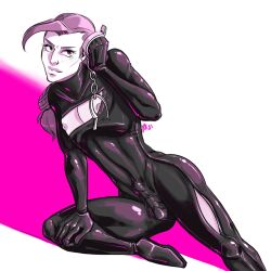 1boy erection_under_clothes femboy feminine_male jojo's_bizarre_adventure latex male male_only muscular penis penis_visible_through_clothing pink_hair solo vento_aureo vinegar_doppio