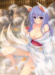 absurdres animal_ears blue_hair breasts female fox_ears fox_tail highres kimono_removed kitsune kozureokami20 long_hair multiple_tails nude original simple_background smile solo tail yuuki_hagure