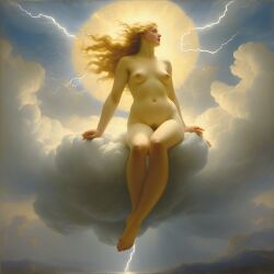 abstract ai_generated belly blonde_hair blue_eyes breasts cloud curly_hair curvy female goddess halo lightning lips long_hair navel nipples nude presenting pubic_hair realistic sitting_on_cloud sky small_breasts smile solo william_bouguereau