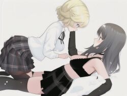 ai_generated blue_eyes breast_out chris clothed day_when_world_become_free dominant_female domination gray_eyes gray_hair hand_on_face iris light_hair long_hair looking_at_partner lying_on_back nipple_grab short_hair yuri